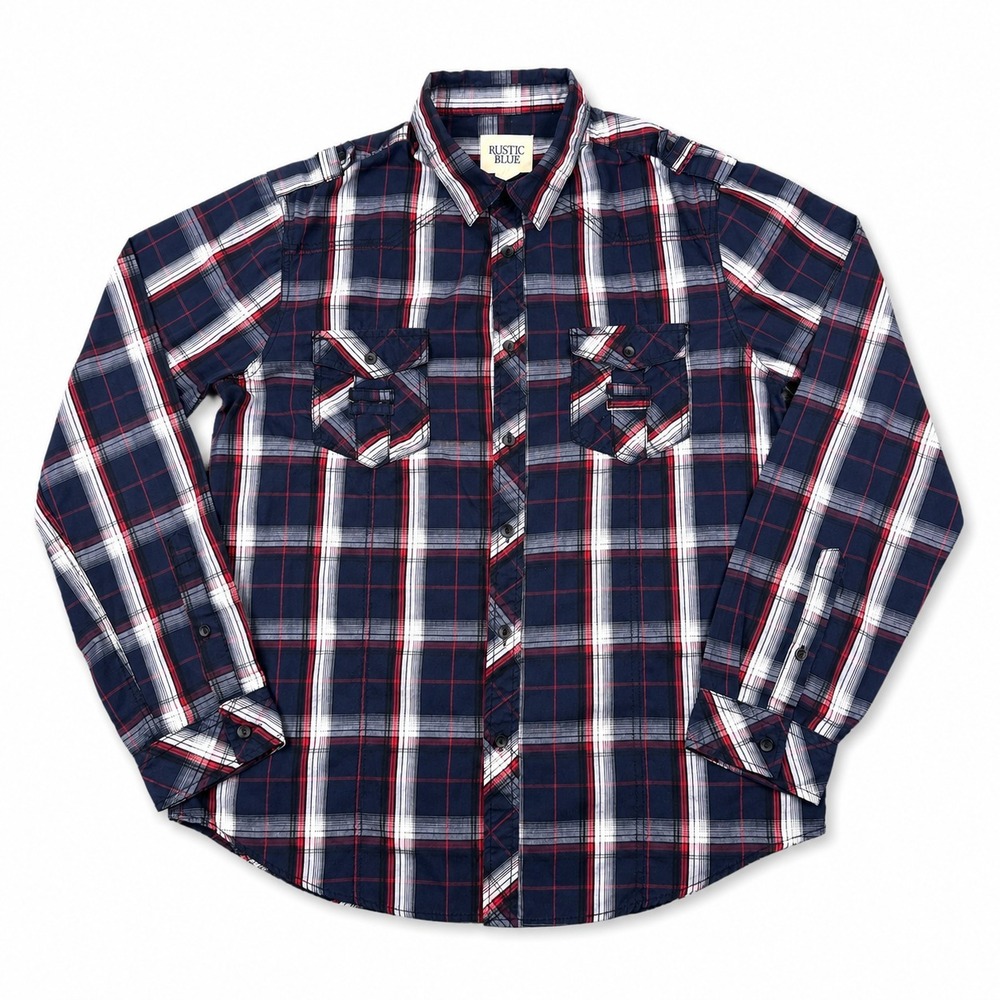 Rustic Blue Mens Large Plaid Button Up Shirt Cotton Long Sleeve Roll Tab Casual
